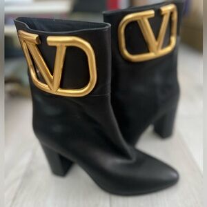 Valentino Black Heeled Boots with Gold Logo